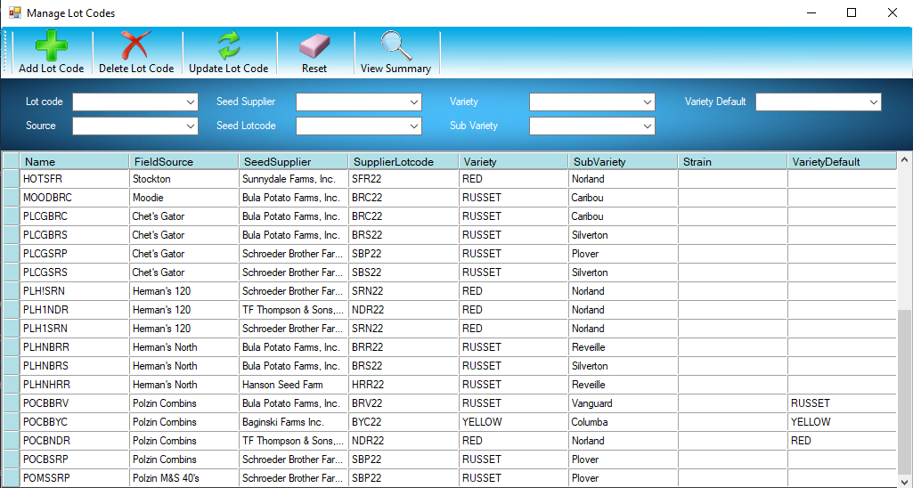 myPTI Lot Codes screen
