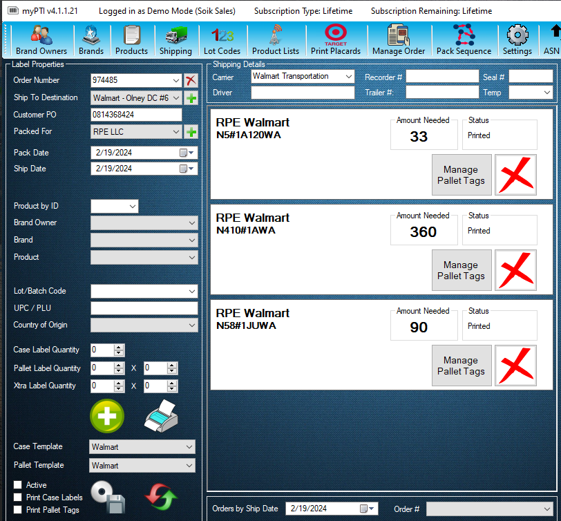 myPTI Order Itinerary screen