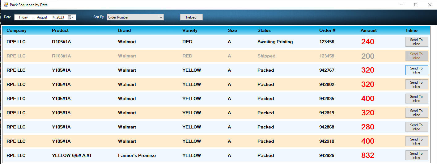 myPTI Pack Sequence screen