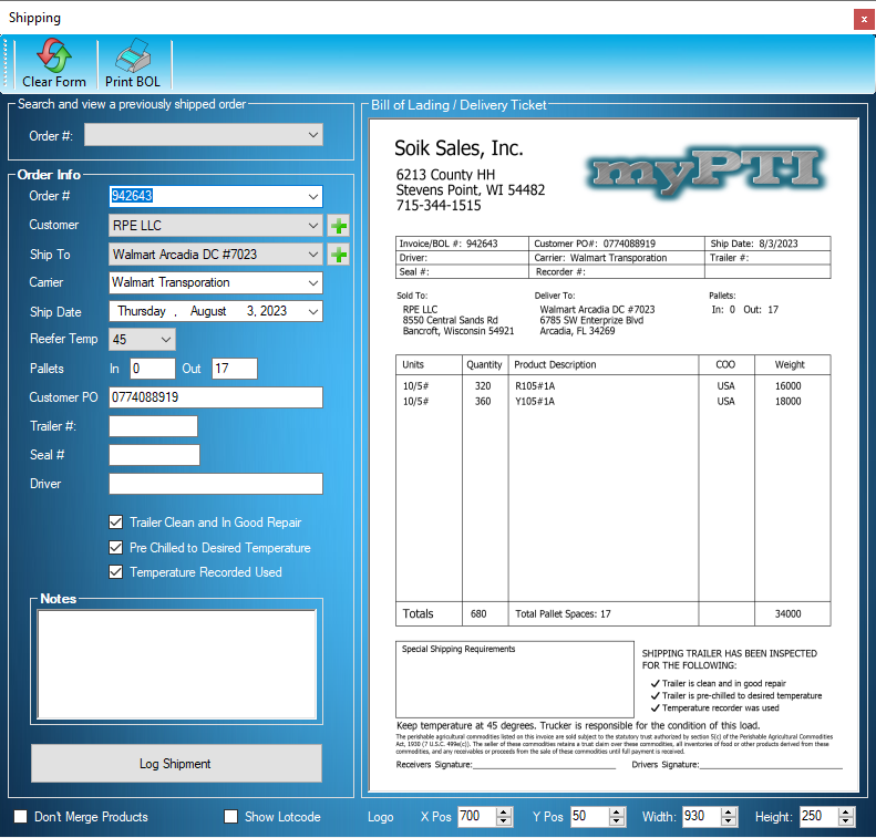 myPTI Shipping screen